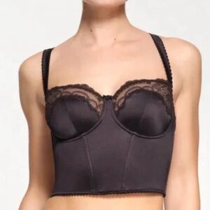 SKIMS Black Satin Corset Bra with Lace and Decorative Straps